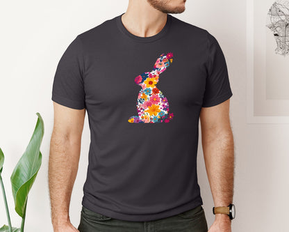 brand:Bella Canvas|color:Heather Dark Grey|Floral Bunny Easter Rabbit Graphic T-Shirt