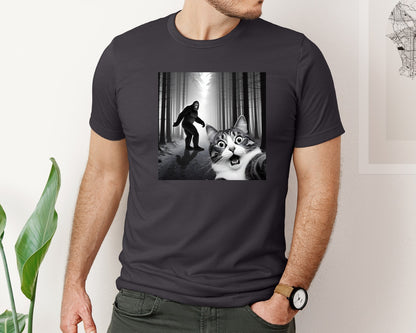 brand:Bella Canvas|color:Heather Dark Grey|Cat Selfie With Sasquatch Graphic T-Shirt