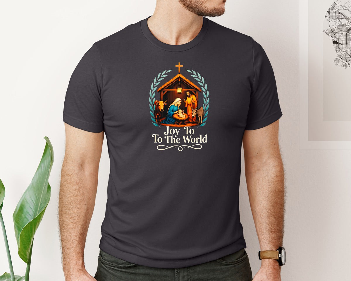 brand:Bella Canvas|color:Heather Dark Grey|Jesus Christmas Joy To The World Graphic T-Shirt
