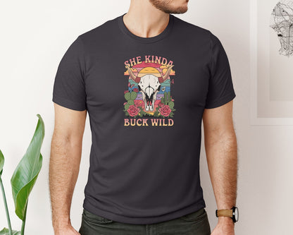 brand:Bella Canvas|color:Heather Dark Grey|She Kinda Buck Wild Western Aesthetic 3 Graphic T-Shirt