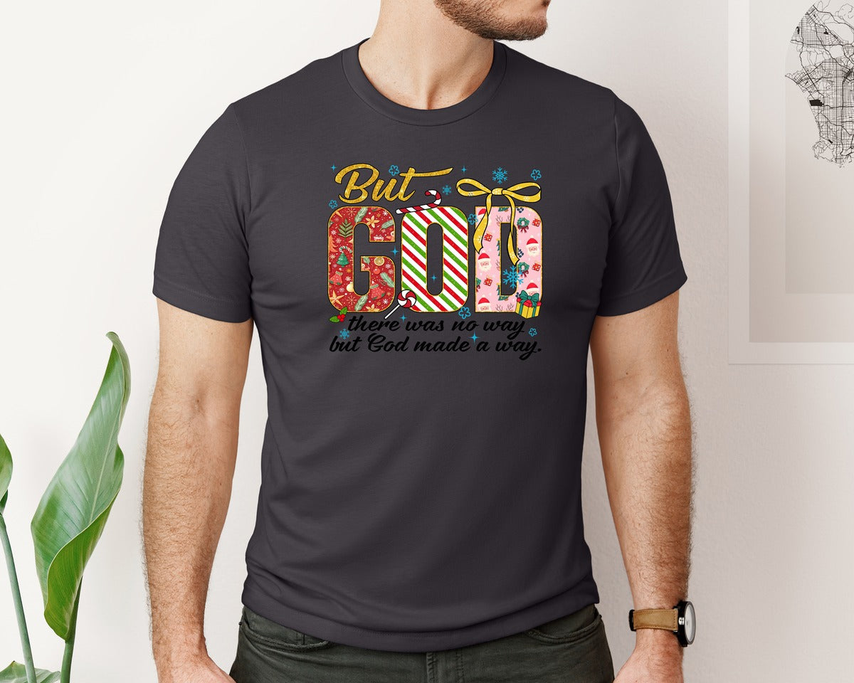 brand:Bella Canvas|color:Heather Dark Grey|But God Christmas Faith Quote Graphic T-Shirt