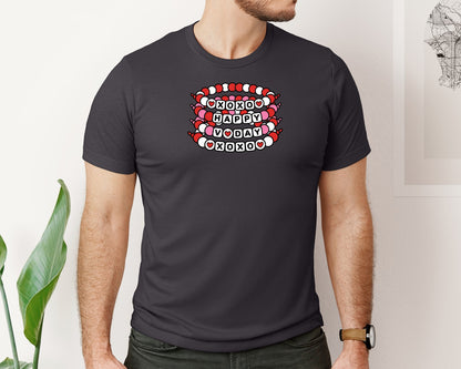 brand:Bella Canvas|color:Heather Dark Grey|Xoxo Valentine Bead Bracelet Graphic T-Shirt