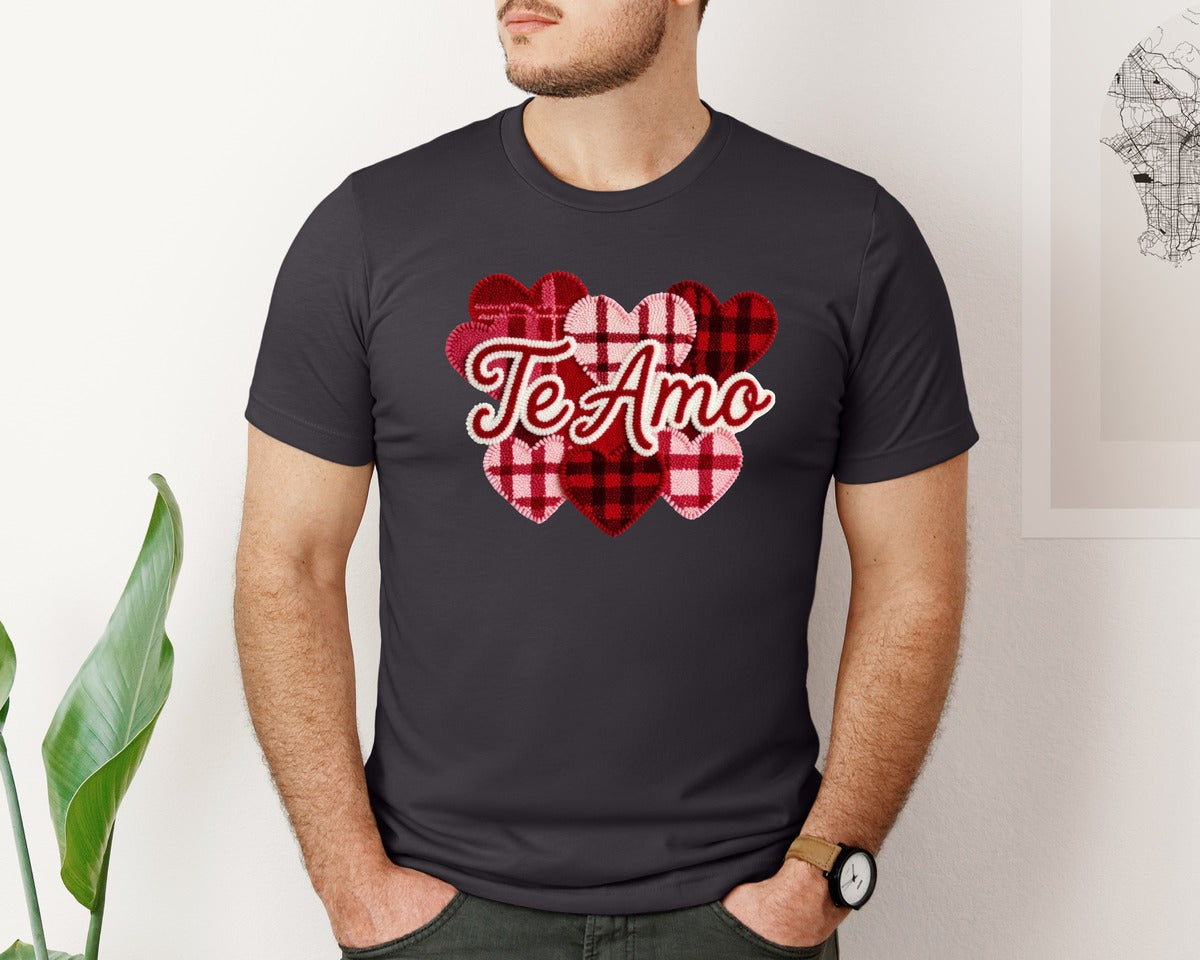 brand:Bella Canvas|color:Heather Dark Grey|Te Amo Valentine Latch Hook 4 Graphic T-Shirt