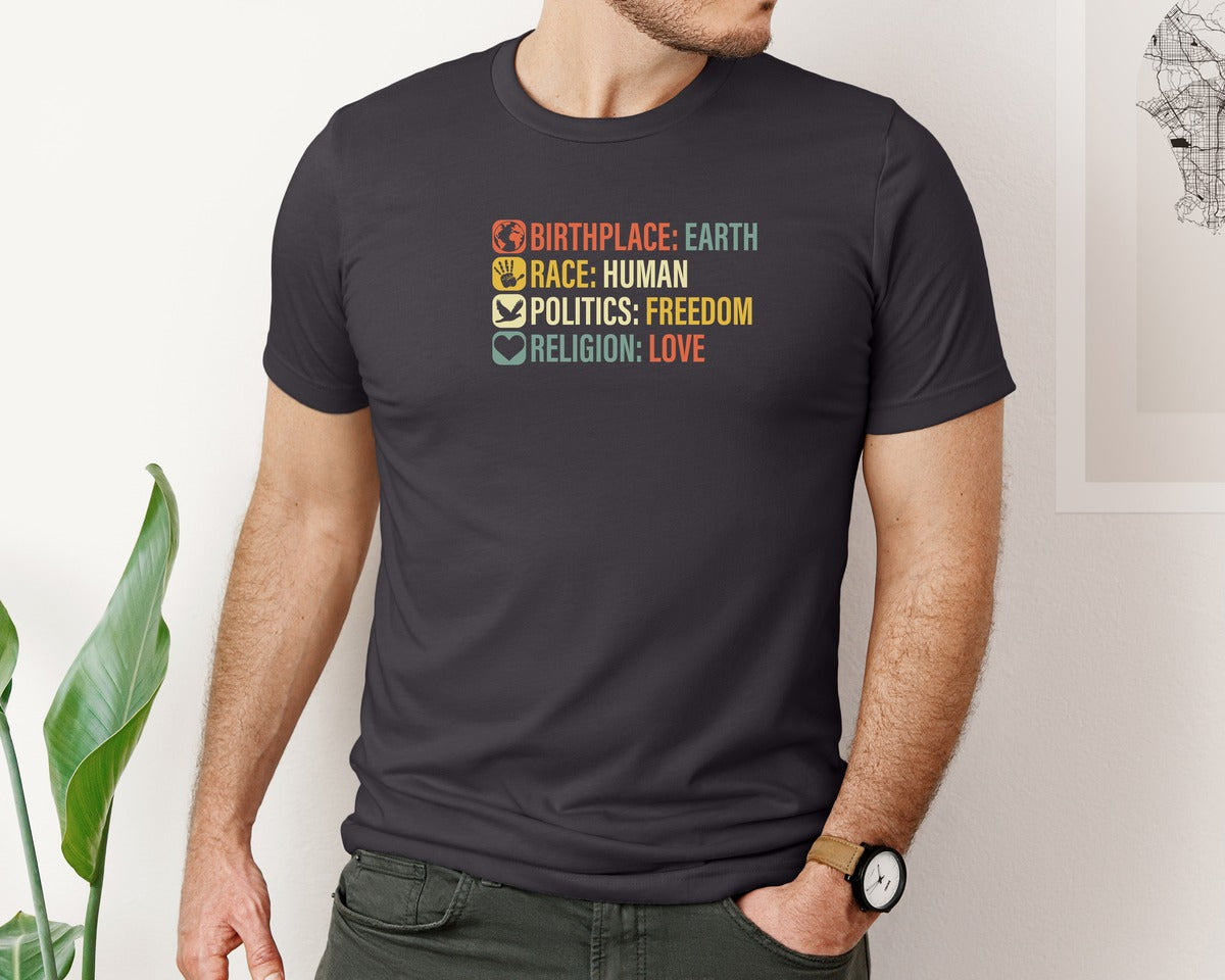 brand:Bella Canvas|color:Heather Dark Grey|Birthplace Earth Race Human Politics 4 Graphic T-Shirt