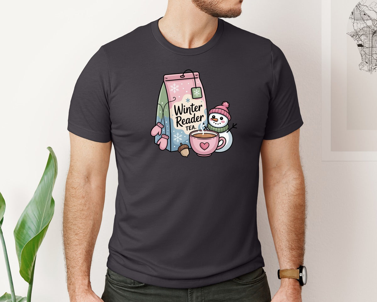 brand:Bella Canvas|color:Heather Dark Grey|Winter Reader Tea Design 2 Graphic T-Shirt