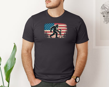 brand:Bella Canvas|color:Heather Dark Grey|Alien Bigfoot Usa Flag 4Th Of July 2 Graphic T-Shirt