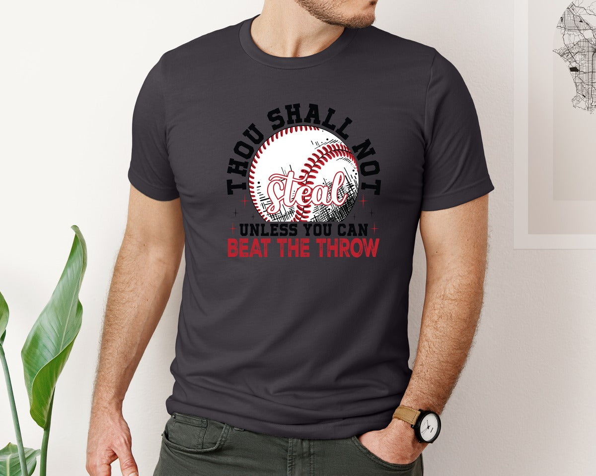 brand:Bella Canvas|color:Heather Dark Grey|Funny Baseball Thou Shall Not Steal Graphic T-Shirt