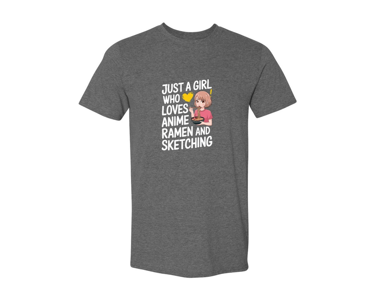brand:Generic|color:Heather Dark Grey|Just A Girl Who Loves Anime Ramen And 2 Graphic T-Shirt