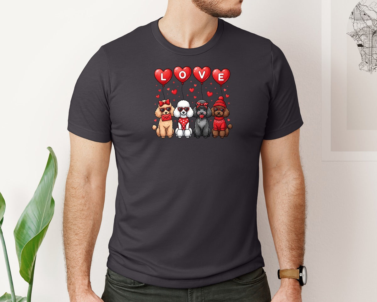 brand:Bella Canvas|color:Heather Dark Grey|Cute Valentine Poodle Dogs Graphic T-Shirt