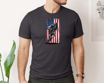brand:Bella Canvas|color:Heather Dark Grey|Distressed American Flag Football Player Graphic T-Shirt
