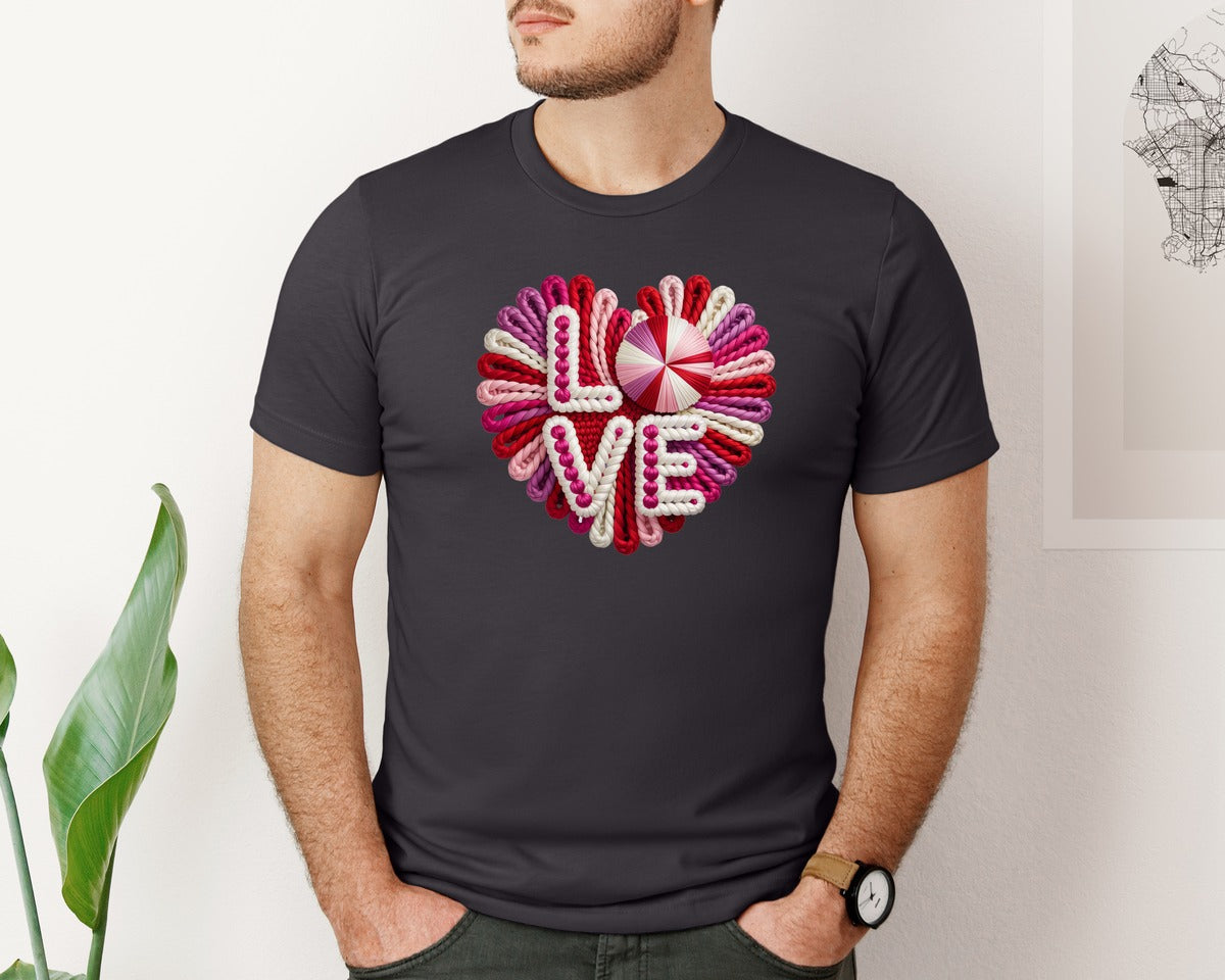 brand:Bella Canvas|color:Heather Dark Grey|Knitted Love Burst Valentine Shirt Graphic T-Shirt