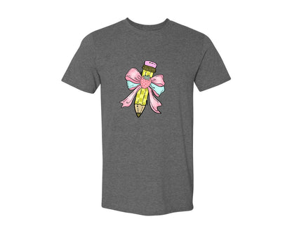 brand:Generic|color:Heather Dark Grey|Coquette Pencil Teacher Back To School Graphic T-Shirt
