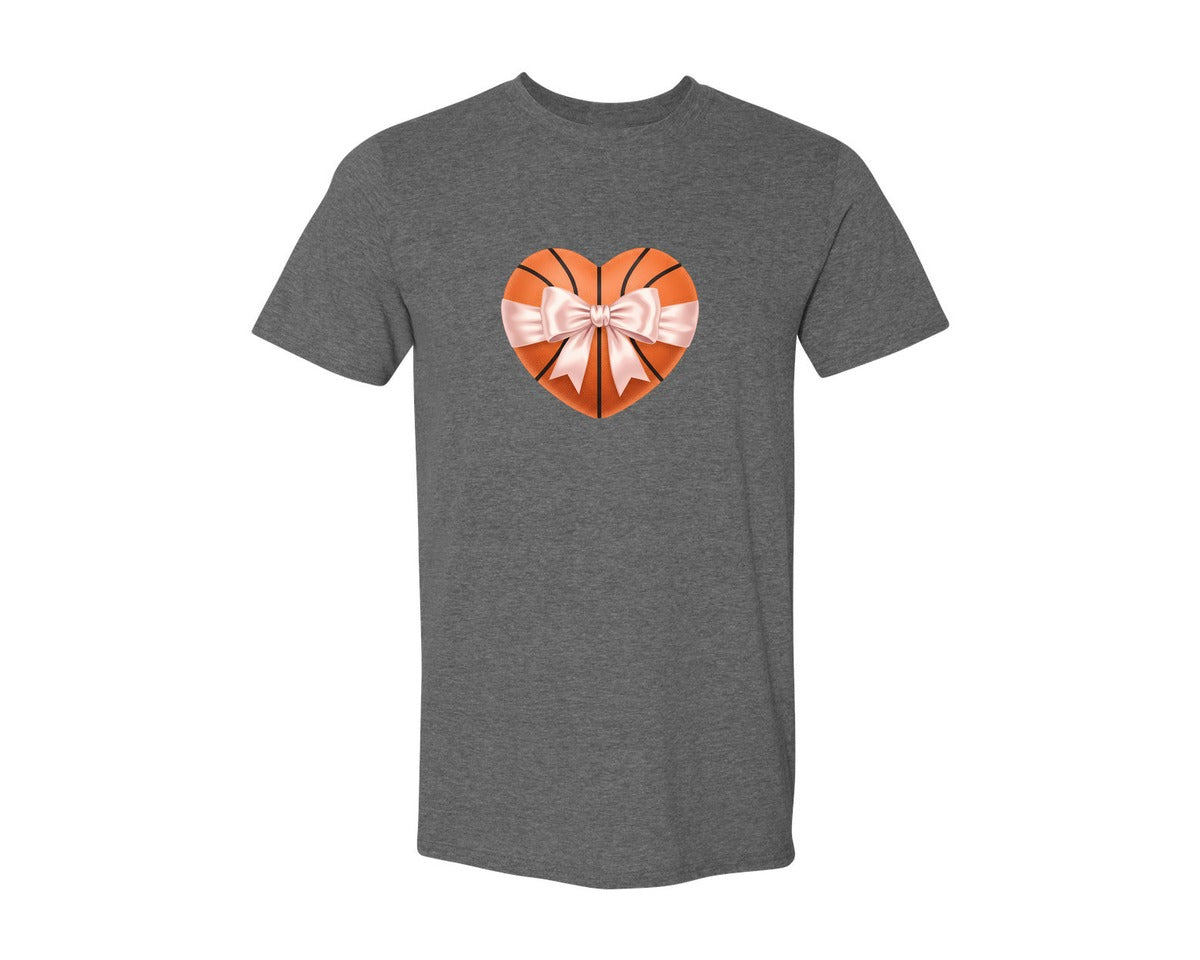 brand:Generic|color:Heather Dark Grey|Heart Shape Basketball Coquette Bow Graphic T-Shirt