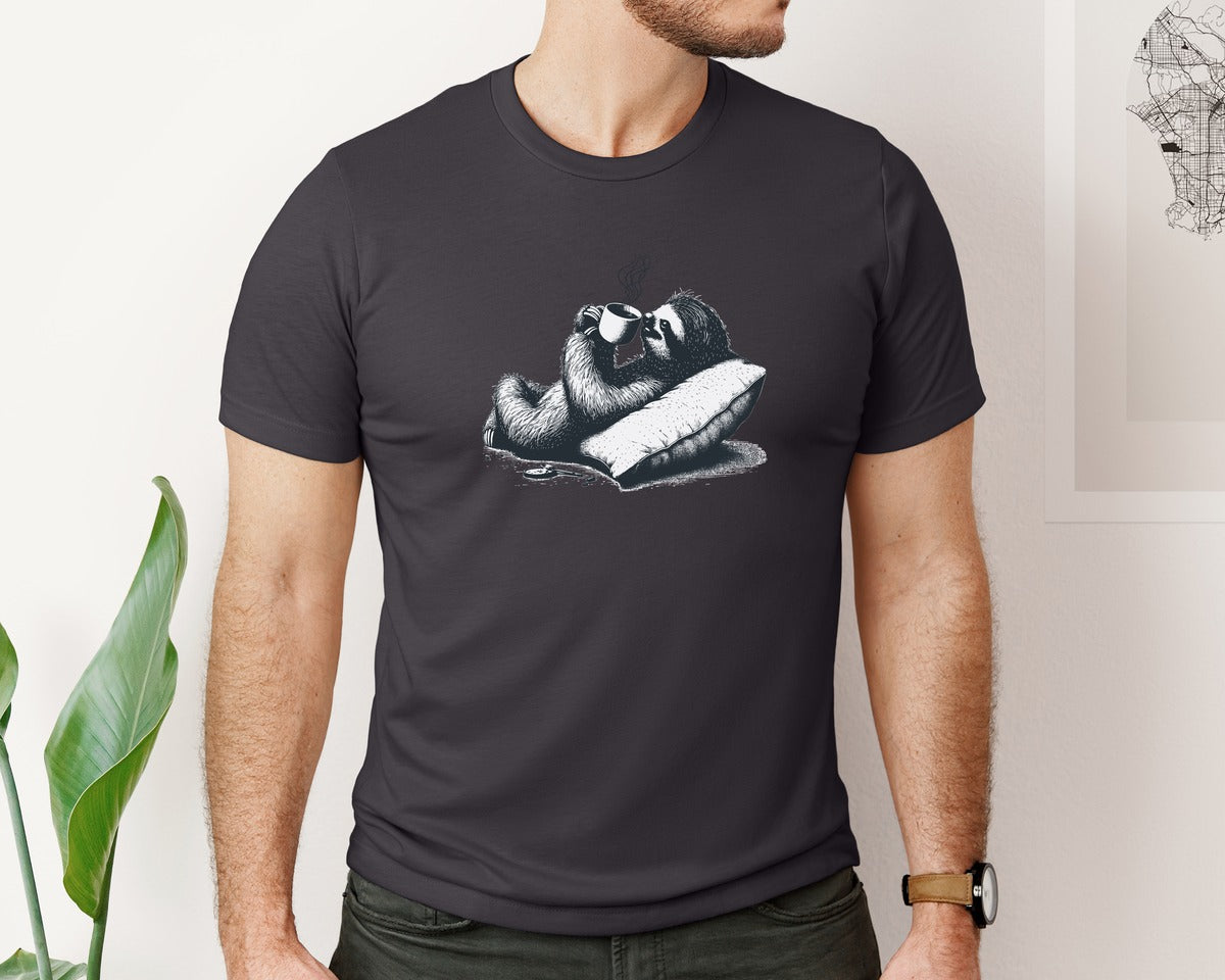 brand:Bella Canvas|color:Heather Dark Grey|Sloth Lying And Drink Coffee Shirt Graphic T-Shirt