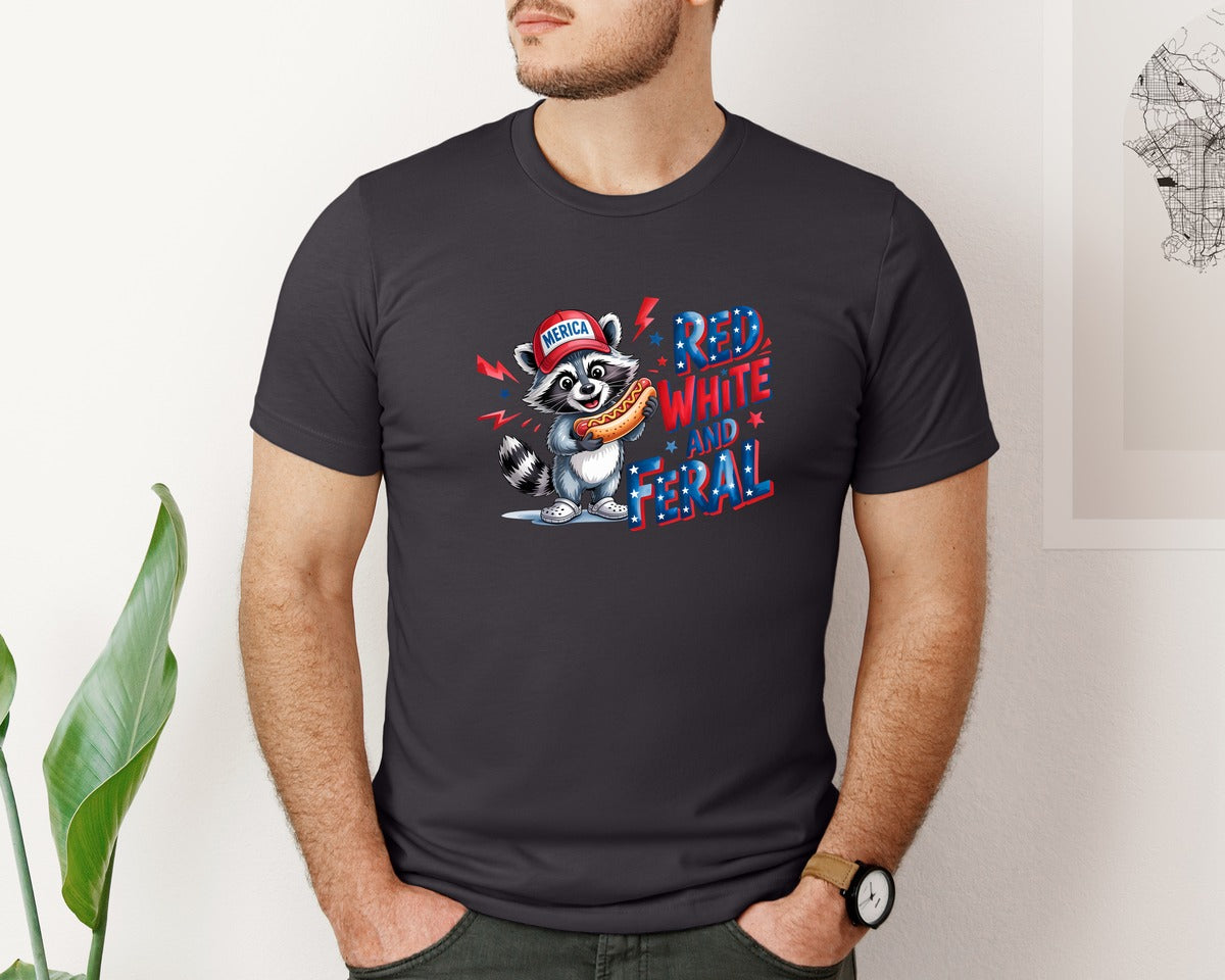 brand:Bella Canvas|color:Heather Dark Grey|Patriotic Red White And Feral Raccoon Graphic T-Shirt