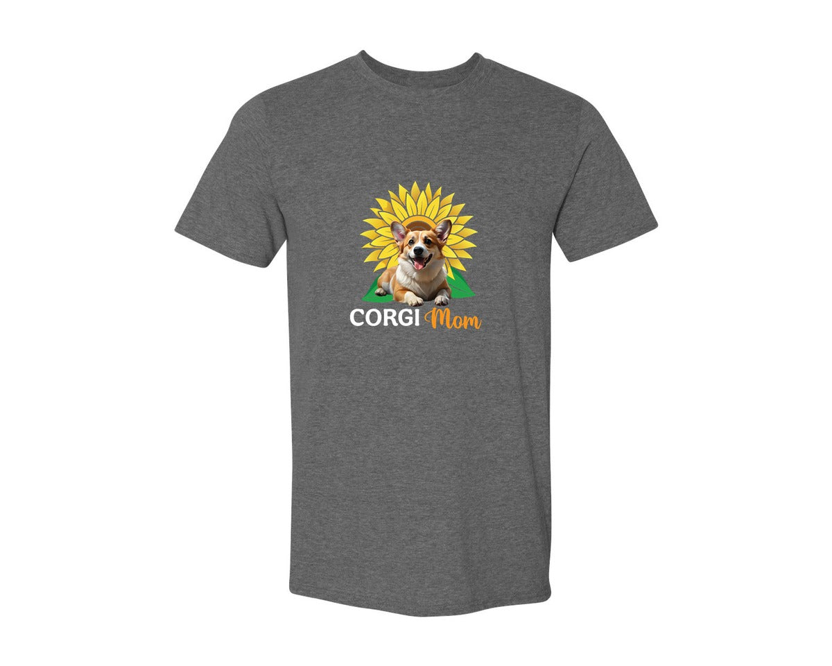brand:Generic|color:Heather Dark Grey|Corgi Mom Sunflower Graphic T-Shirt