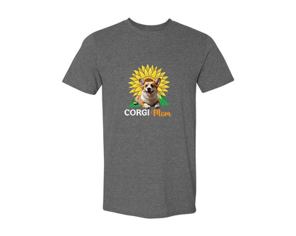 brand:Generic|color:Heather Dark Grey|Corgi Mom Sunflower Graphic T-Shirt