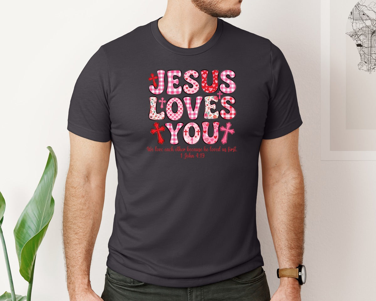 brand:Bella Canvas|color:Heather Dark Grey|Two Sides Love Like Jesus Valentine Graphic T-Shirt