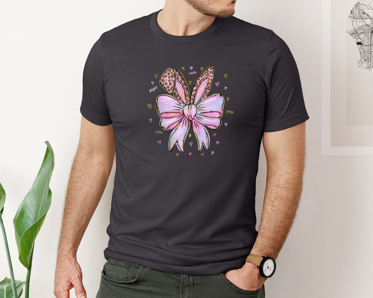 brand:Bella Canvas|color:Heather Dark Grey|Leopard Bunny Ears Pink Blue Bow Graphic T-Shirt
