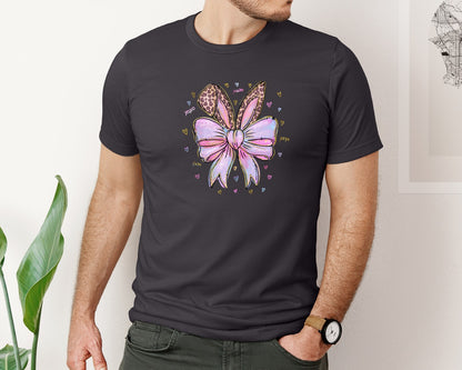 brand:Bella Canvas|color:Heather Dark Grey|Leopard Bunny Ears Pink Blue Bow Graphic T-Shirt