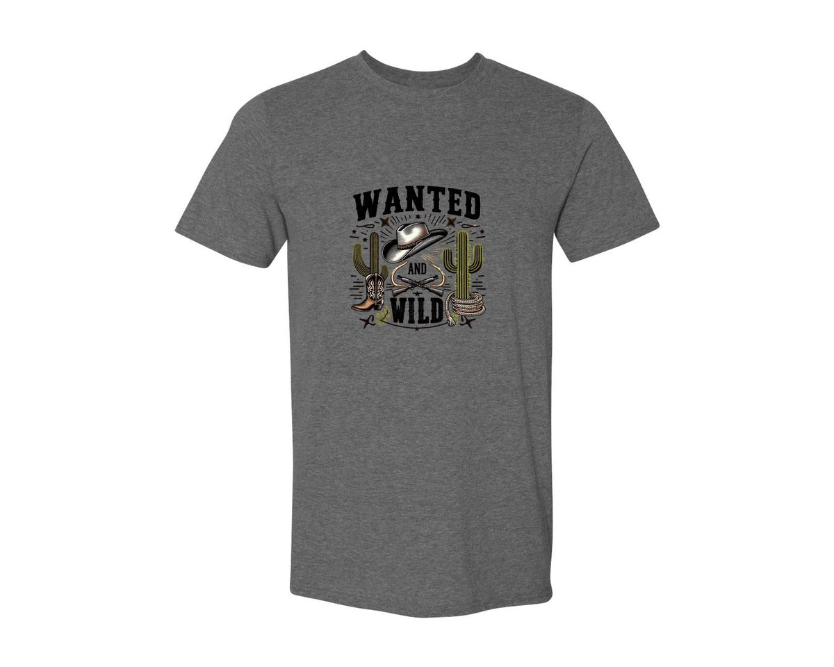 brand:Generic|color:Heather Dark Grey|Western Wanted And Wild T Shirt Graphic T-Shirt