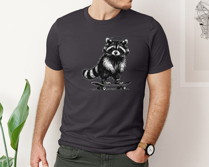 brand:Bella Canvas|color:Heather Dark Grey|Raccoon Playing Skateboard Shirt Graphic T-Shirt