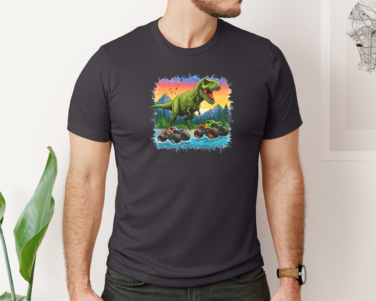 brand:Bella Canvas|color:Heather Dark Grey|Dinosaur Monster Truck T Rex Graphic T-Shirt