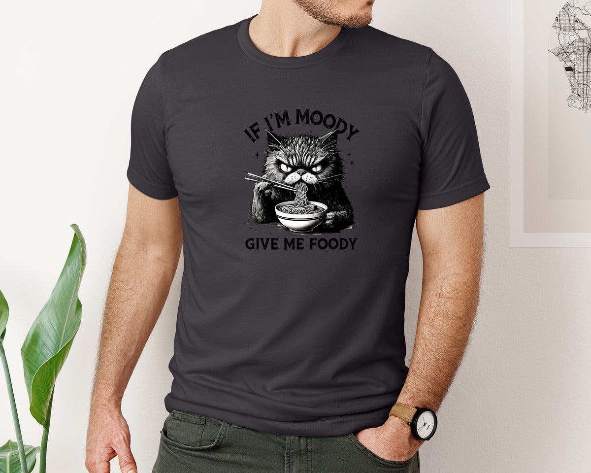 brand:Bella Canvas|color:Heather Dark Grey|Funny Sarcastic Cat Ramen If Im Moody Graphic T-Shirt