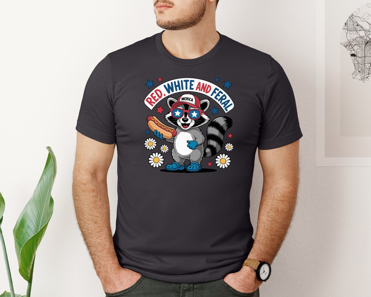 brand:Bella Canvas|color:Heather Dark Grey|Raccoon Hotdog Red White Feral Graphic T-Shirt