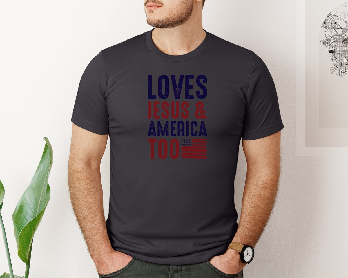 brand:Bella Canvas|color:Heather Dark Grey|Loves Jesus And America Too Jesus Graphic T-Shirt