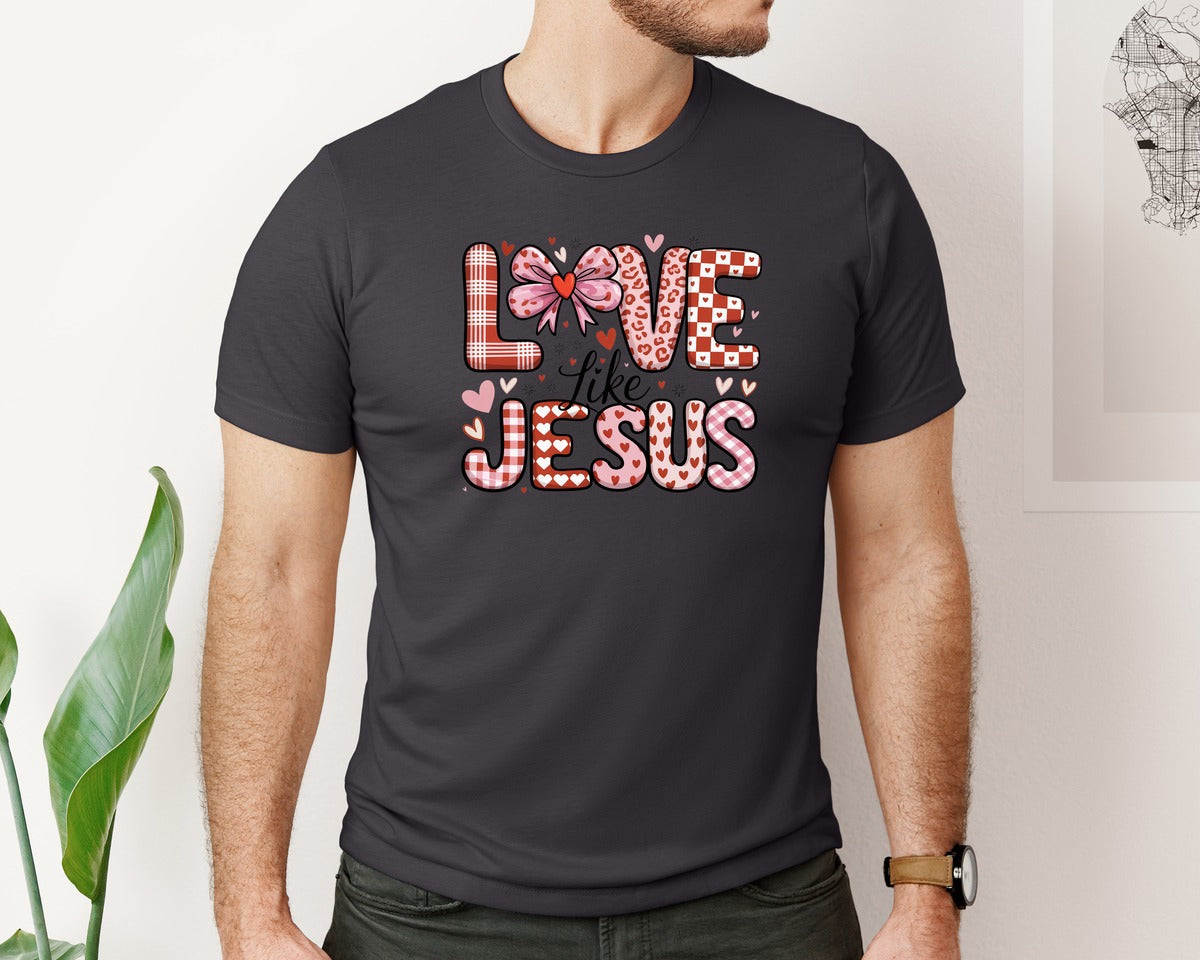 brand:Bella Canvas|color:Heather Dark Grey|Christian Valentines Love Like Jesu 2 Graphic T-Shirt