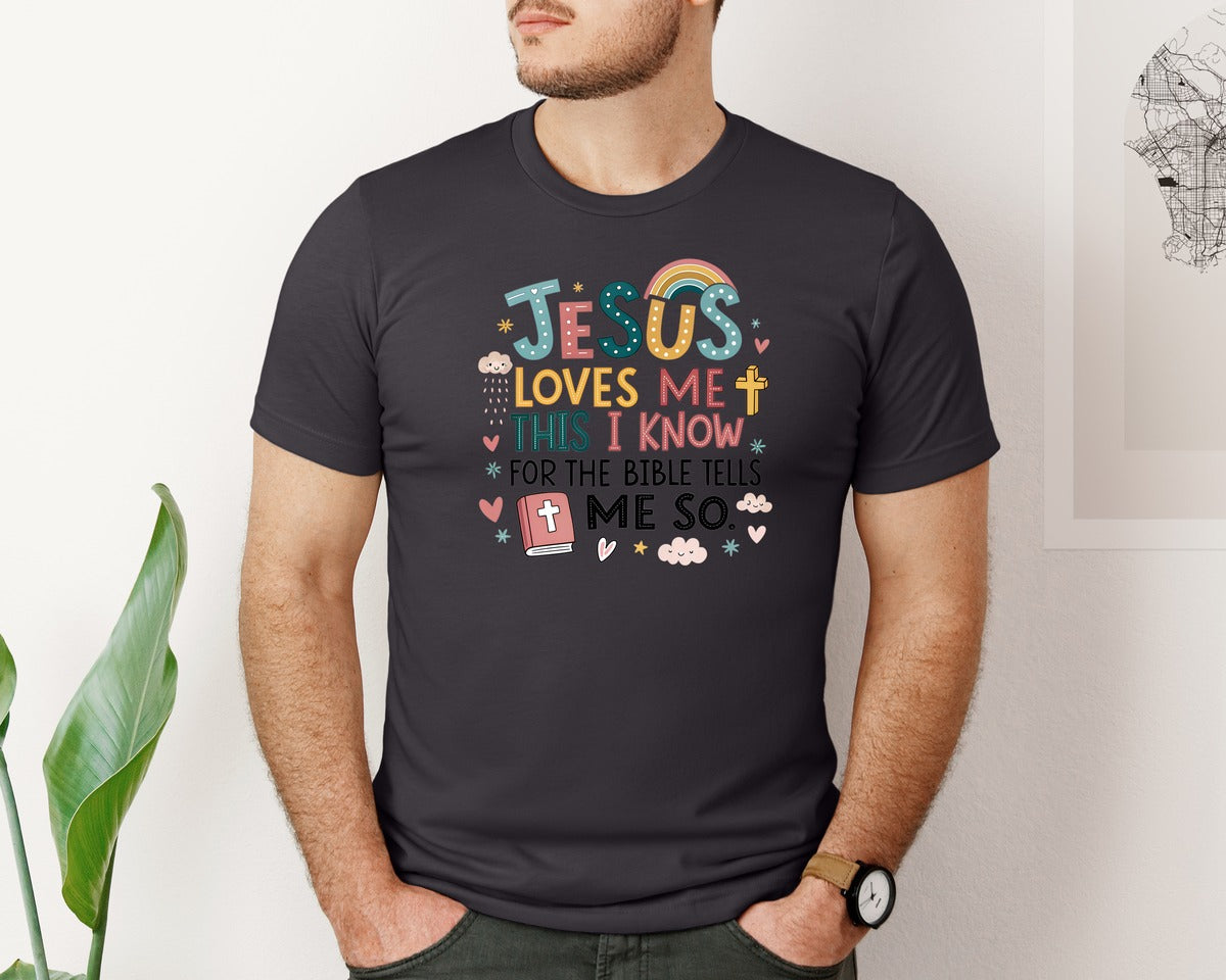 brand:Bella Canvas|color:Heather Dark Grey|Jesus Loves Me This I Know Bible Quote Graphic T-Shirt