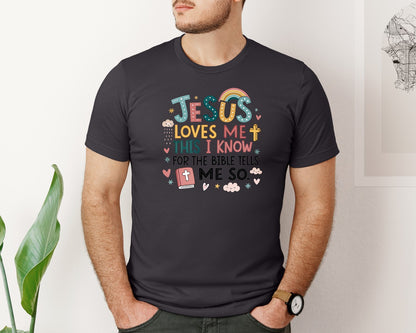 brand:Bella Canvas|color:Heather Dark Grey|Jesus Loves Me This I Know Bible Quote Graphic T-Shirt