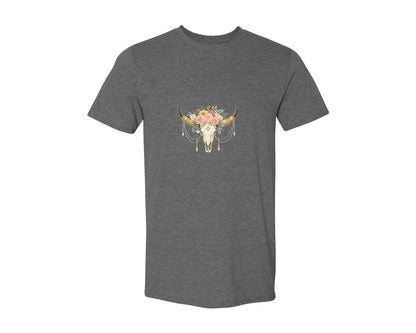brand:Generic|color:Heather Dark Grey|Rose Flowers Western Bull Skull Longhorn 5 Graphic T-Shirt