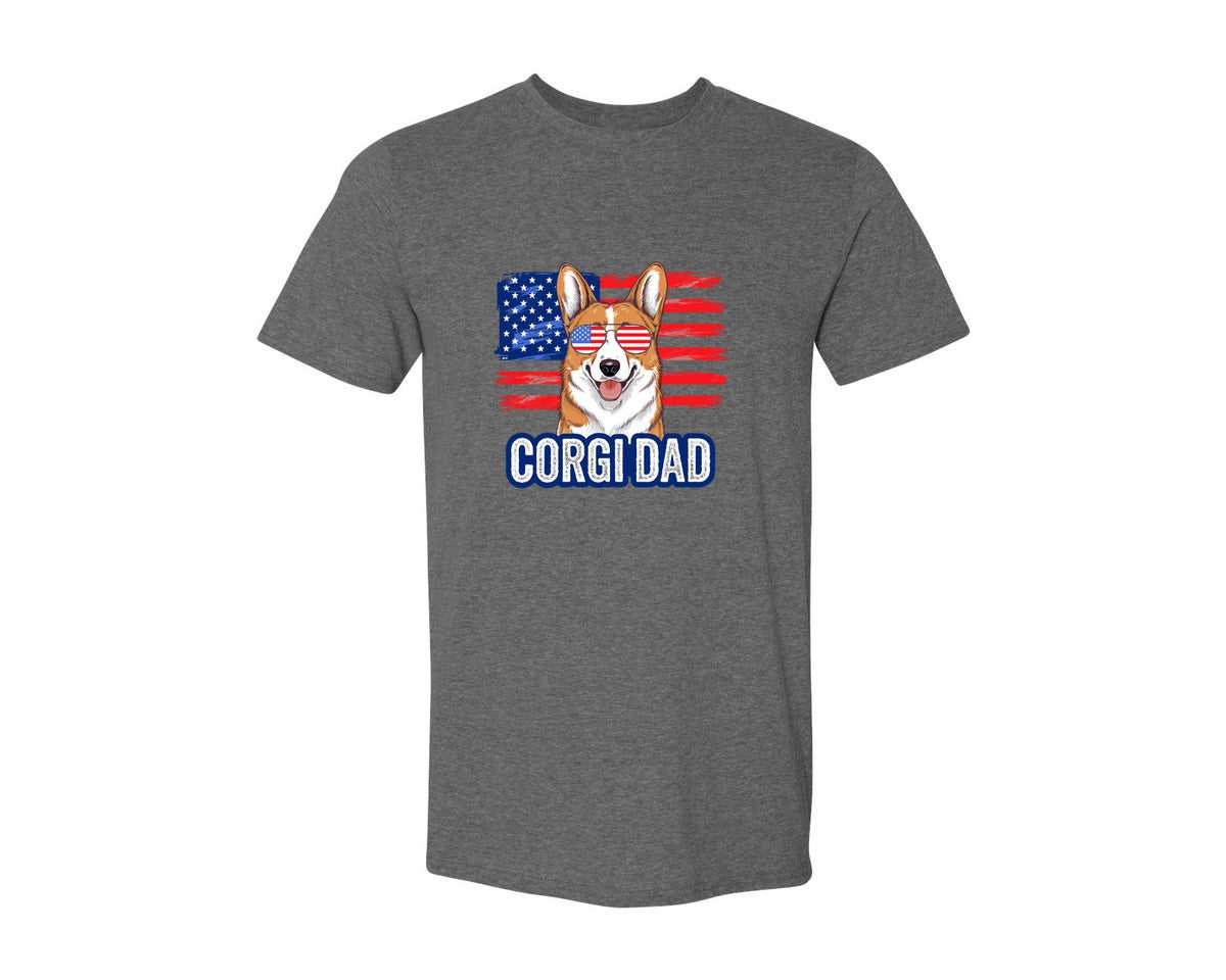 brand:Generic|color:Heather Dark Grey|Corgi Dad American Flag 4Th Of July Graphic T-Shirt