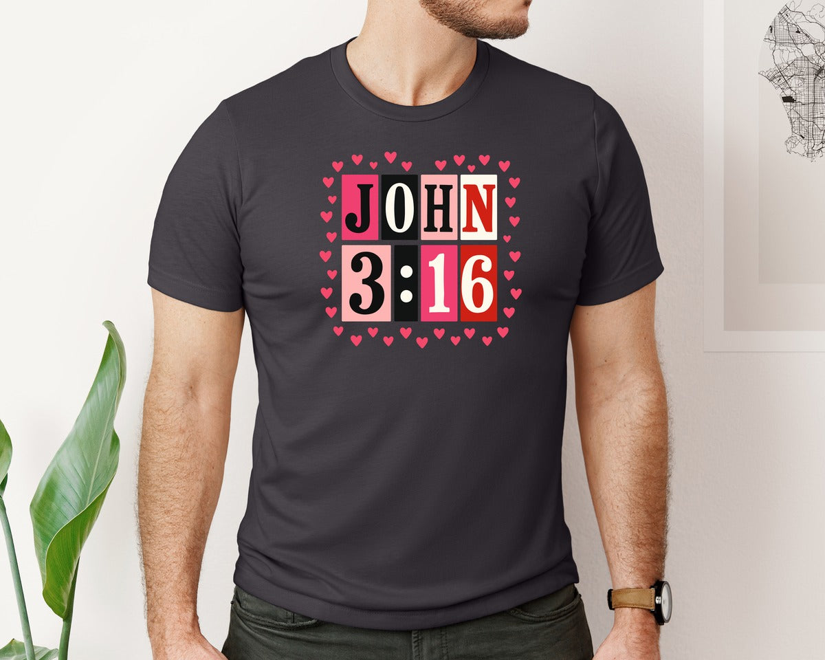 brand:Bella Canvas|color:Heather Dark Grey|John 3 16 Preppy Valentine 3 Graphic T-Shirt