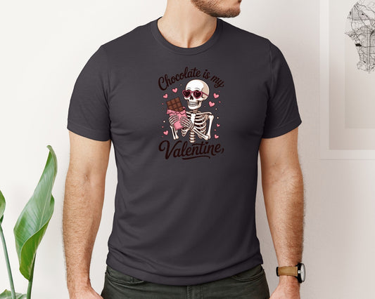 Chocolate Is My Valentine Skeleton Graphic T-Shirt