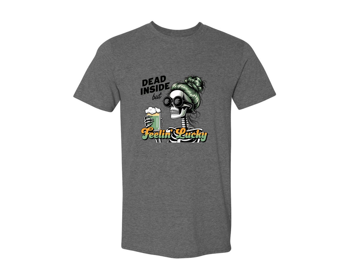 brand:Generic|color:Heather Dark Grey|Dead Inside But Feelin Lucky 6 Graphic T-Shirt
