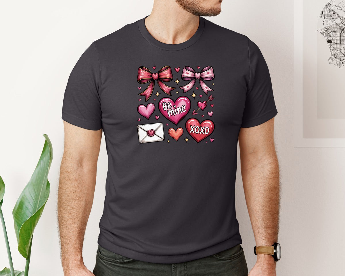 brand:Bella Canvas|color:Heather Dark Grey|Valentine Bow Hearts Be Mine Xoxo Graphic T-Shirt