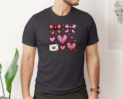 brand:Bella Canvas|color:Heather Dark Grey|Valentine Bow Hearts Be Mine Xoxo Graphic T-Shirt