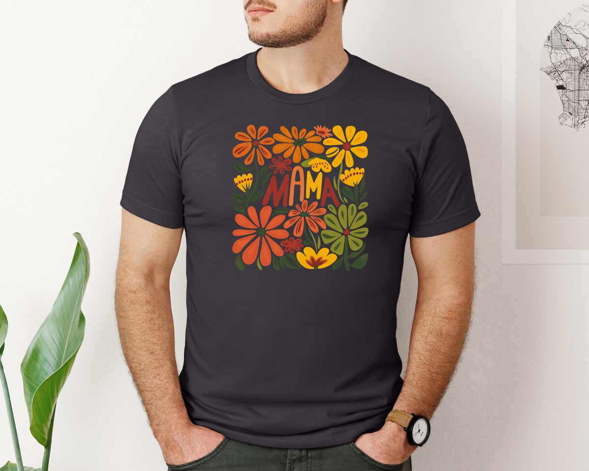 brand:Bella Canvas|color:Heather Dark Grey|Retro Floral Mama Boho Mothers Day 3 Graphic T-Shirt
