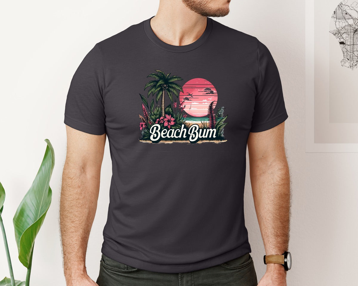 brand:Bella Canvas|color:Heather Dark Grey|Retro Beach Bum Summer Graphic T-Shirt