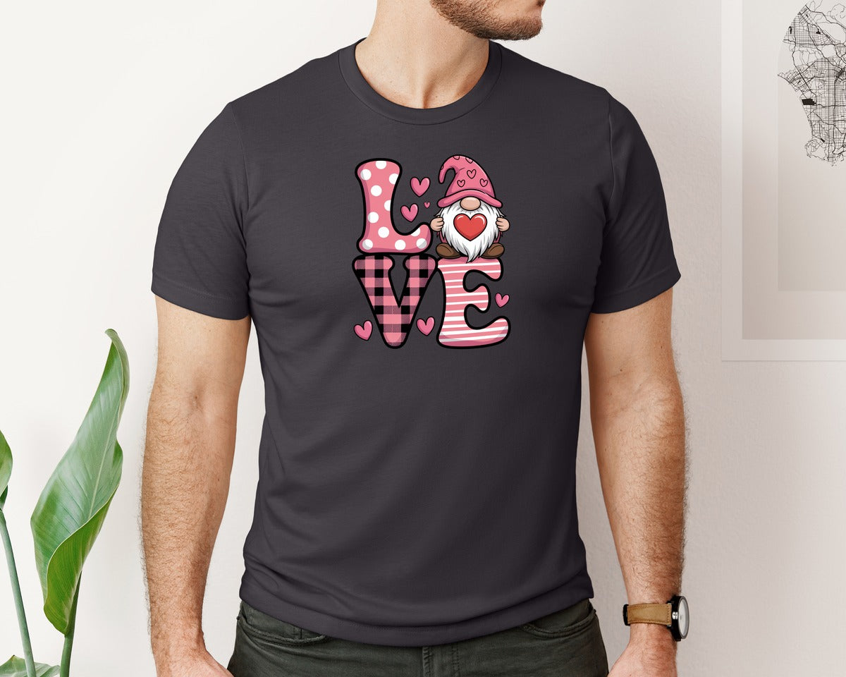 brand:Bella Canvas|color:Heather Dark Grey|Cute Pink Valentine Gnome Love Graphic T-Shirt