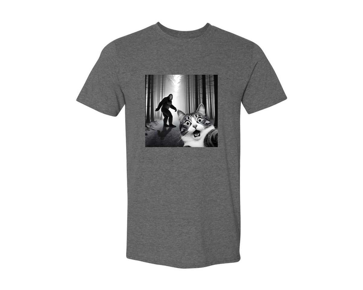 brand:Generic|color:Heather Dark Grey|Cat Selfie With Sasquatch Graphic T-Shirt