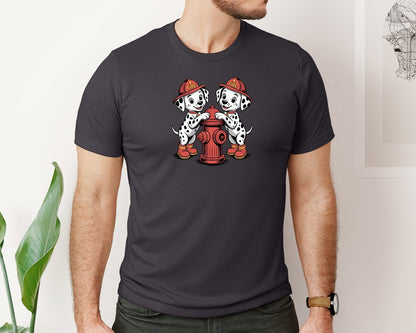 brand:Bella Canvas|color:Heather Dark Grey|Cute Firefighter Dalmatian Puppies Graphic T-Shirt