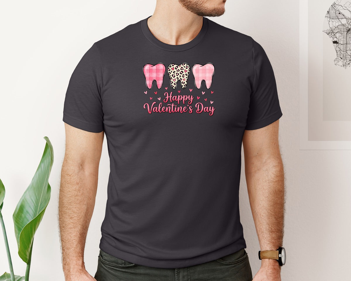 brand:Bella Canvas|color:Heather Dark Grey|Happy Valentines Day Teeth Graphic T-Shirt