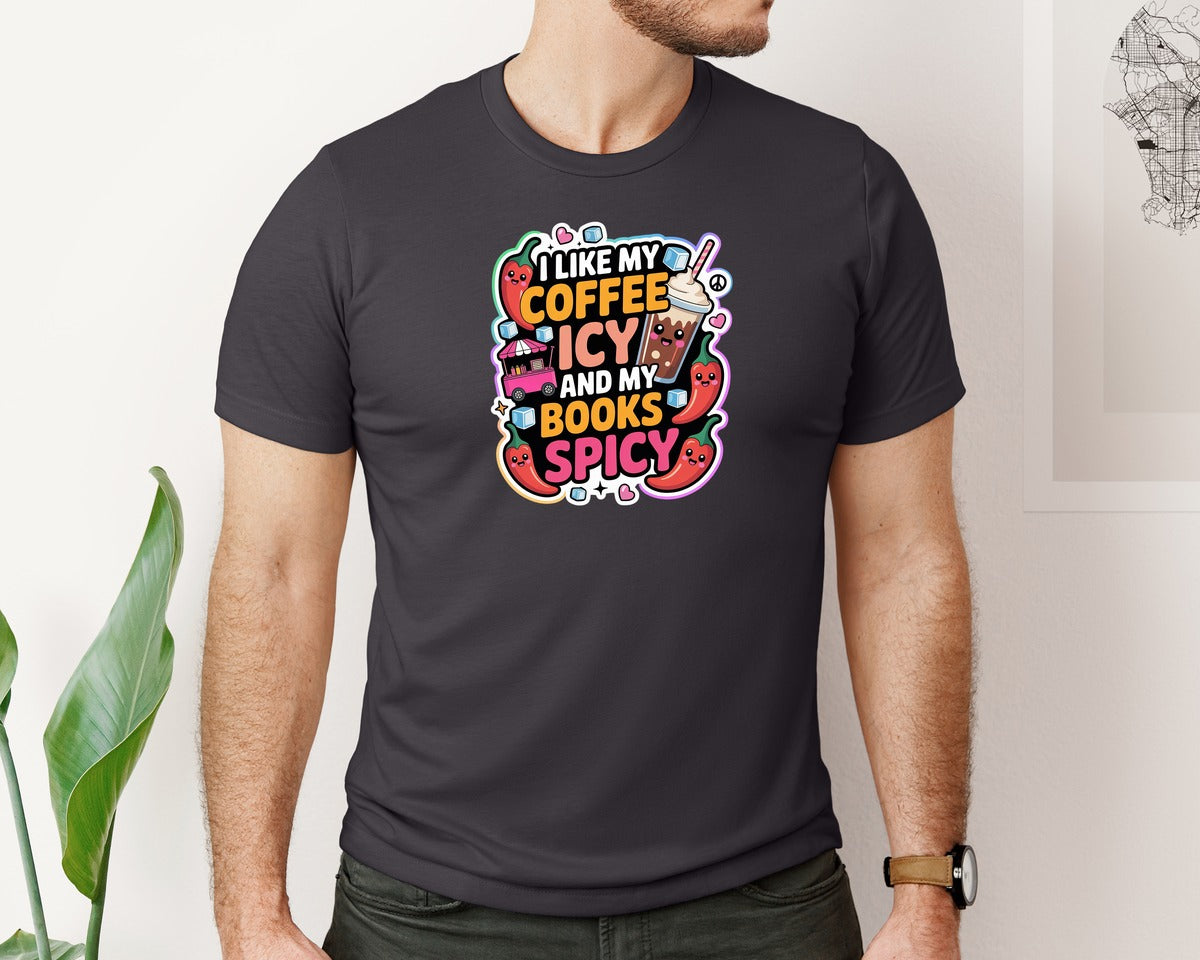 brand:Bella Canvas|color:Heather Dark Grey|Book Lover With Iced Coffee And Chili Graphic T-Shirt