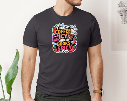 brand:Bella Canvas|color:Heather Dark Grey|Book Lover With Iced Coffee And Chili Graphic T-Shirt