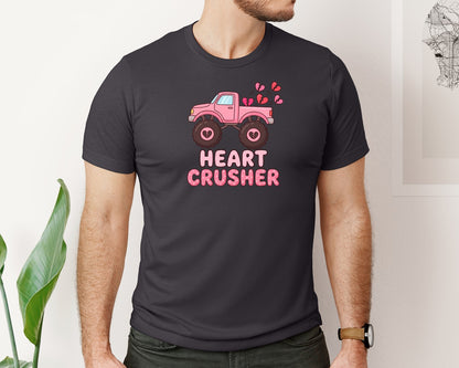 brand:Bella Canvas|color:Heather Dark Grey|Valentine Heart Crusher Monster Truck Graphic T-Shirt
