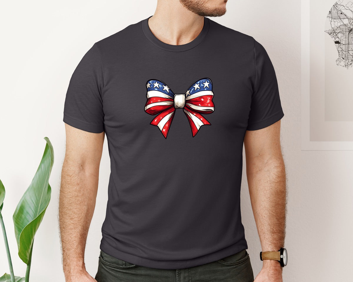 brand:Bella Canvas|color:Heather Dark Grey|Coquette Bow 4Th July American Flag 6 Graphic T-Shirt